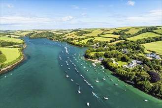 Salcombe and Mill Bay over Kingsbridge Estuary from a drone, Batson Creek, Southpool Creek, Devon,