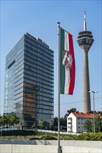 City gate building, Rhine Tower, North Rhine-Westphalia State flag, Düsseldorf, North