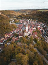 Aerial view of an old town in autumn, surrounded by trees and hilly landscape, Horb, Black Forest,