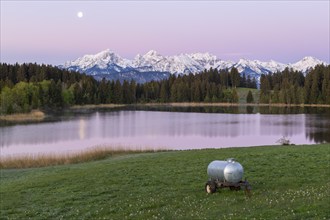 Hegratsrieder See near Füssen, Allgäu Alps, snow, moon, dawn, Allgäu, Bavaria, Germany, Europe