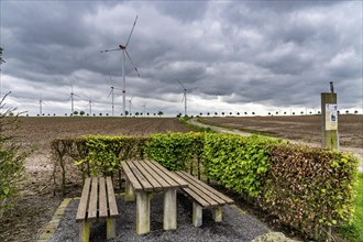 Wind farm south-east of Heinsberg, dark storm clouds, strong wind, North Rhine-Westphalia, Germany,