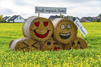 Advertising for regional purchasing, from farmers in the region, straw bales in a rapeseed field