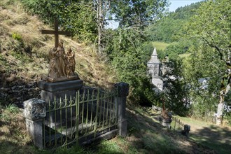 Orcival in Auvergne Volcanoes Regional Natural Park, Statues of Christ's Way of the Cross. Puy de