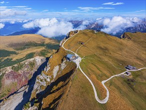 The summit station of the Seceda cable car, Sofie hut, drone shot, Val Gardena, Dolomites,