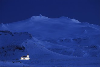 Church in front of snowy mountains, twilight, blue hour, illuminated, snow, winter, Helllissandur,