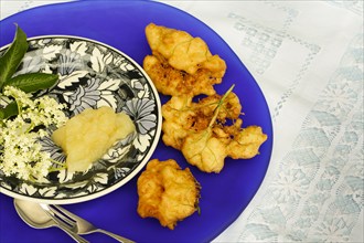 Swabian cuisine, elderberry cakes with apple sauce, Hollerkiacherl, elderflowers in pastry,