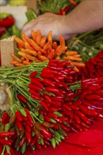 Fresh red, orange and green chilli peppers are offered at a market, accompanied by a grasping hand,