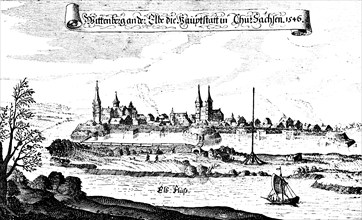 Copperplate engraving from 1546 of the town of Wittenberg on the Elbe, view of the capital of