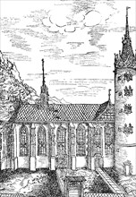 Castle church in Wittenberg, illustration from the Wittenberg sanctuary book of 1509, round tower,