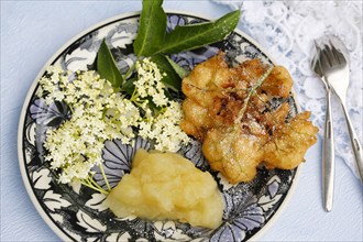 Swabian cuisine, elderberry cakes with apple sauce, Hollerkiacherl, elderflowers in pastry,