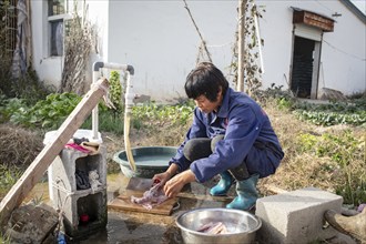 Lu Jua Ling prepares a duck for her colleagues to eat, Duck Breeding Centre Jiang Su Xiang Gui