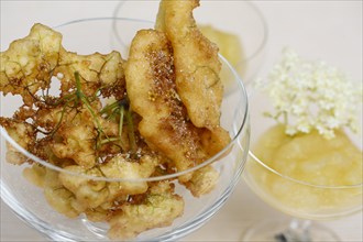 Swabian cuisine, elderberry cakes with apple sauce, elderberry cakes, elderflowers in pastry,