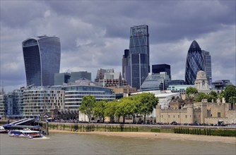 Skyline of the financial district, City of London, Tower of London on the right, The Gherkin