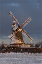 Windmill in the snow in winter at sunset, Oldsum, Föhr Island, Germany, Europe