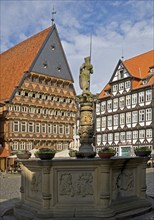 Historic market square with Roland fountain and Knochenhaueramtshaus, Hildesheim, Lower Saxony,