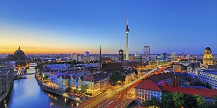 City panorama with Spree, Cathedral, Nikolai Quarter, Red City Hall, TV Tower and Old Town House in