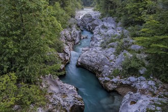 Wild river Soca flows through gorge, Triglav National Park, Soca Valley, Slovenia, Europe