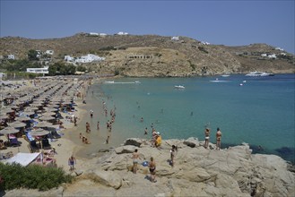 Bathers on Super Paradise Beach, Mykonos, Cyclades, Greece, Europe