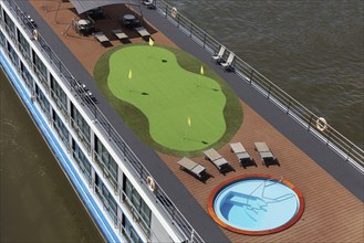 Artificial lawn with putting green, golf training on a river cruise ship on the Rhine, Düsseldorf,