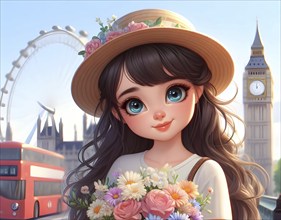 Cute anime girl on bicycle with flowers in the city of London. AI generated