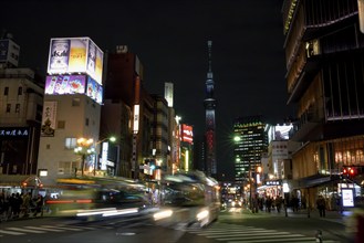 Street scene in the district Asakusa, in the background the Skytree, with 634 meters the highest