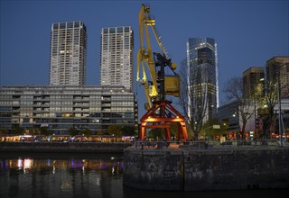 Cranes in the harbour district of Puerto Madero in evening light, Buenos Aires, Argentina, South