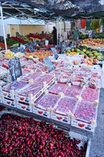 Market stall with fruits on a weekle market near Tarragona, Catalonia, Spain, Europe