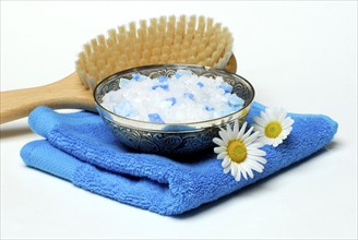 Bath salt, towel, bath brush