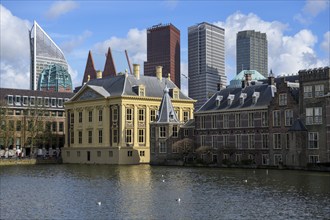 Museum Mauritshuis at the Hofvijver, Hofweiher, in the background the modern skyline, The Hague,