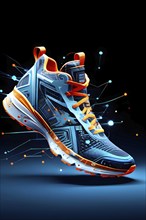 Running shoe, breaking into pixels and data points, morphing into a network of neural nodes,