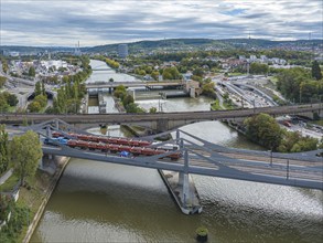 Load test on the Neckar Bridge, aerial view. Due to the unusual design, dimensional checks are