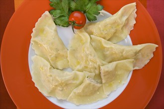 Swabian cuisine, salmon ravioli, fish dish, salmon in pasta dough, Swabian ravioli, served on a