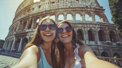 Attractive young smiling happy tourist ladies take selfie in Rome Coliseum in Italy on vacation.,