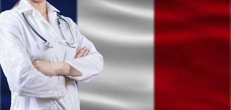 Doctor with crossed arms on France flag. France Health and Care concept. Female doctor on France