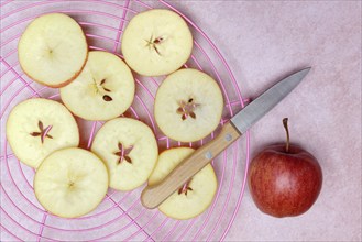 Apple rings and apples, apple slices on grill