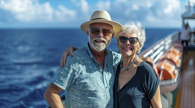 Senior happy smiling couple enjoy Caribbean vacation while walking down colorful colonial streets.,