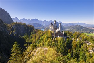 Sweeping views of Neuschwanstein Castle surrounded by lush autumnal forests and mountains,