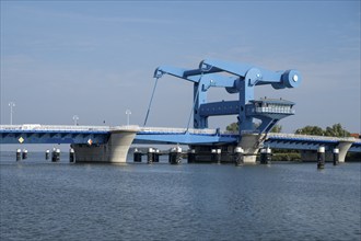 Bascule bridge on the Peenestrom, Waagebalken bascule bridge, Wolgast, Usedom Island,