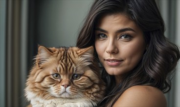 A woman is holding a cat with a long, fluffy tail. The cat is orange and white, AI generated