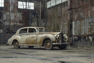 An old, weathered and dusty British classic car, wreck, of the type Rolls Royce Silver Cloud from