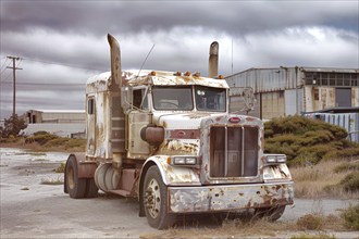 An old, weathered US-American truck, wreck, stands on an industrial site, symbolic image for