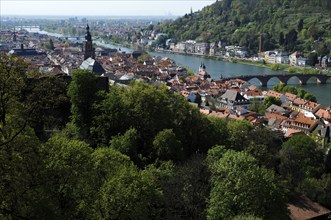 View from Atlan to Heidelberg with Neckar Jesuit Church on the right the Old Bridge, Castle