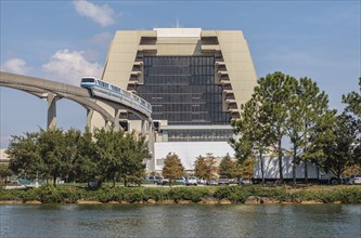 Electric monorail train leaving the Contemporary Hotel in Walt Disney World, Orlando, Florida, USA,