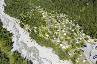 Drone shot, Camp site in La Fouly, camping site is located on a glacier moraine near a glacier