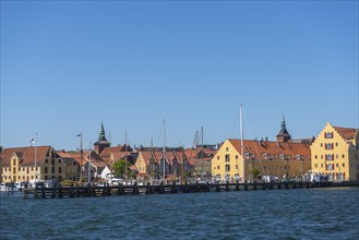 Maritime Svendborg, cityscape, marina, pier, church towers, historic buildings at the museum