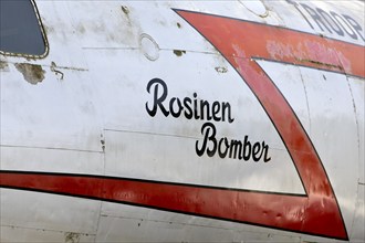 Inscription Raisin Bomber on a Douglas DC-4 C-54 aircraft at the Airlift Memorial, Frankfurt am