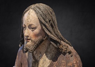 Head of Christ, detail of the Palmesel, wooden figure around 1520, on a dark background, Diözesan