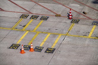 Park markings on the ground, at the terminal, in front of the passenger boarding bridge, holding