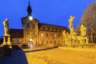 Upper Bridge, Old Town Hall, Crucifixion Group, historic old town, Blue Hour, Bamberg, Lower