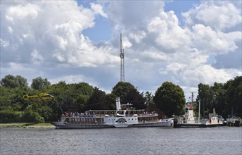 Rescue helicopter near paddle steamer Freya in the Kiel Canal, Kiel Canal, Schleswig-Holstein,